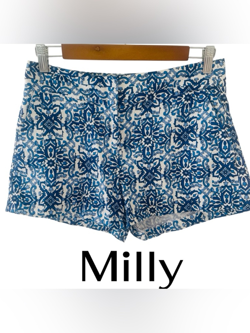 Milly Blue and White Cotton Geometric Patterned Shorts